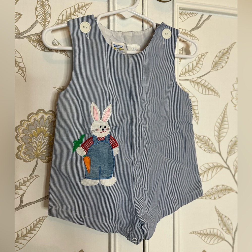 Vintage Nursery Rhyme Blue Striped Kids Romper with Bunny Design